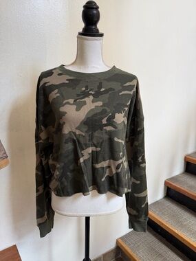 TNA Aritzia Camo Waffle-Knit Long Sleeve Top in Olive & Tan